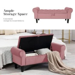 48.43 In. W X 17.72 In. D X 19.29 In. H Pink Tufted Brushed Velvet Armed Storage Bedroom Bench With Rubberwood Legs -More Furniture Store pink jearey bedroom benches e92cwd hd pk 44 1000
