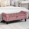 48.43 In. W X 17.72 In. D X 19.29 In. H Pink Tufted Brushed Velvet Armed Storage Bedroom Bench With Rubberwood Legs