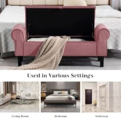 48.43 In. W X 17.72 In. D X 19.29 In. H Pink Tufted Brushed Velvet Armed Storage Bedroom Bench With Rubberwood Legs -More Furniture Store pink jearey bedroom benches e92cwd hd pk c3 1000
