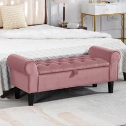 48.43 In. W X 17.72 In. D X 19.29 In. H Pink Tufted Brushed Velvet Armed Storage Bedroom Bench With Rubberwood Legs -More Furniture Store pink jearey bedroom benches e92cwd hd pk fa 1000