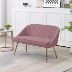 Modern 48 In. Golden Base Velvet Tufted 2-Seats Pink Loveseat Sofa For Living Room Furniture Sets