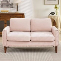 More Furniture Store 31 Sanfe 57 In. Pink Solid Fabric 2-Seat Loveseat With Nailhead