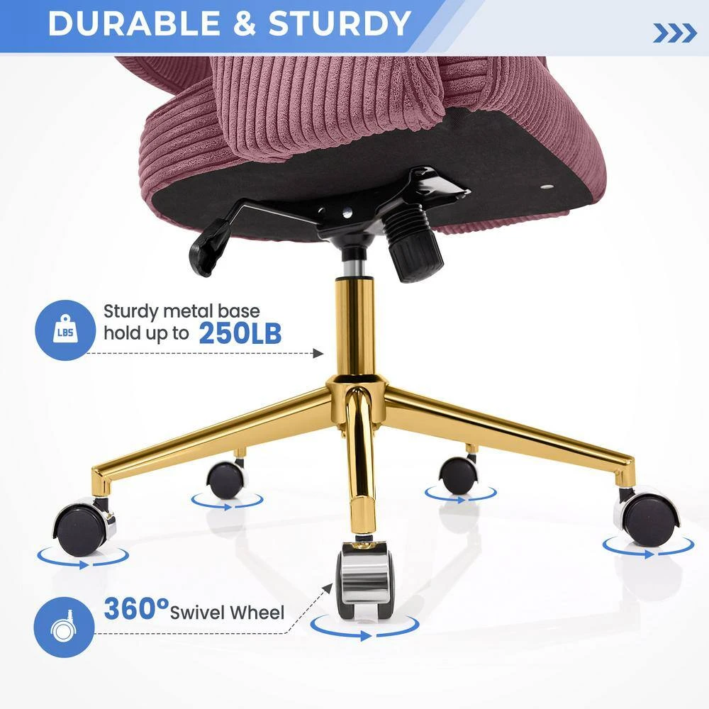 Pink Modern Swivel And Adjustable Task Chair Tufted Office Chair With Gold Base 5 Pink Modern Swivel And Adjustable Task Chair Tufted Office Chair With Gold Base - Image 5