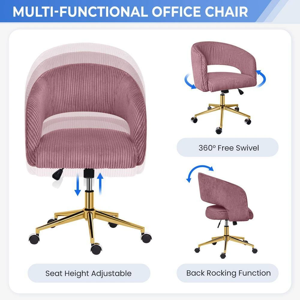Pink Modern Swivel And Adjustable Task Chair Tufted Office Chair With Gold Base 2 Pink Modern Swivel And Adjustable Task Chair Tufted Office Chair With Gold Base - Image 2