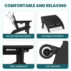 Outdoor HIPS Plastic Patio Chat Set Black Adirondack Chairs With Side Table And Folding Ottoman Set Of 5-Piece -More Furniture Store plastic adirondack chairs 5jtqwy black 44 1000