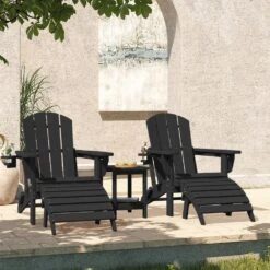 Outdoor HIPS Plastic Patio Chat Set Black Adirondack Chairs With Side Table And Folding Ottoman Set Of 5-Piece