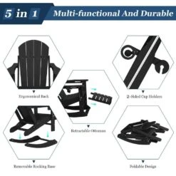 6-in-1 Multi-functional Black Plastic Folding Rocking Adirondack Chair With Dual Cup Holders And Retractable Ottoman -More Furniture Store plastic adirondack chairs pe dgn black 1f 1000