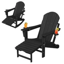 6-in-1 Multi-functional Black Plastic Folding Rocking Adirondack Chair With Dual Cup Holders And Retractable Ottoman -More Furniture Store plastic adirondack chairs pe dgn black 31 1000