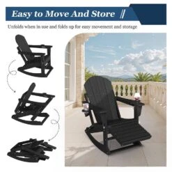 6-in-1 Multi-functional Black Plastic Folding Rocking Adirondack Chair With Dual Cup Holders And Retractable Ottoman -More Furniture Store plastic adirondack chairs pe dgn black 44 1000