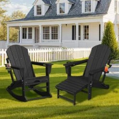 6-in-1 Multi-functional Black Plastic Folding Rocking Adirondack Chair With Dual Cup Holders And Retractable Ottoman -More Furniture Store plastic adirondack chairs pe dgn black c3 1000