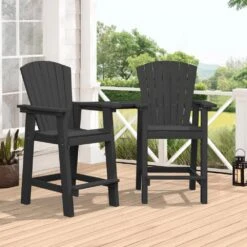 HDPE Plastic Tall Adirondack Chair (Set Of 2) Outdoor Barstools With Connecting Tray In Black -More Furniture Store plastic adirondack chairs pe srgjy black fa 1000