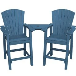 HDPE Plastic Tall Adirondack Chair (Set Of 2) Outdoor Barstools With Connecting Tray In Blue