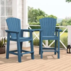 HDPE Plastic Tall Adirondack Chair (Set Of 2) Outdoor Barstools With Connecting Tray In Blue -More Furniture Store plastic adirondack chairs pe srgjy blue fa 1000