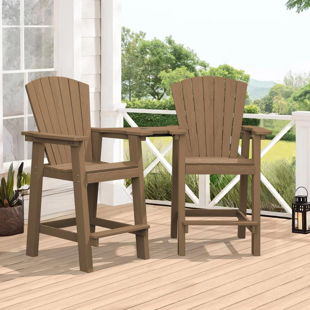 HDPE Plastic Tall Adirondack Chair (Set Of 2) Outdoor Barstools With Connecting Tray In Brown 7 HDPE Plastic Tall Adirondack Chair (Set Of 2) Outdoor Barstools With Connecting Tray In Brown - Image 7