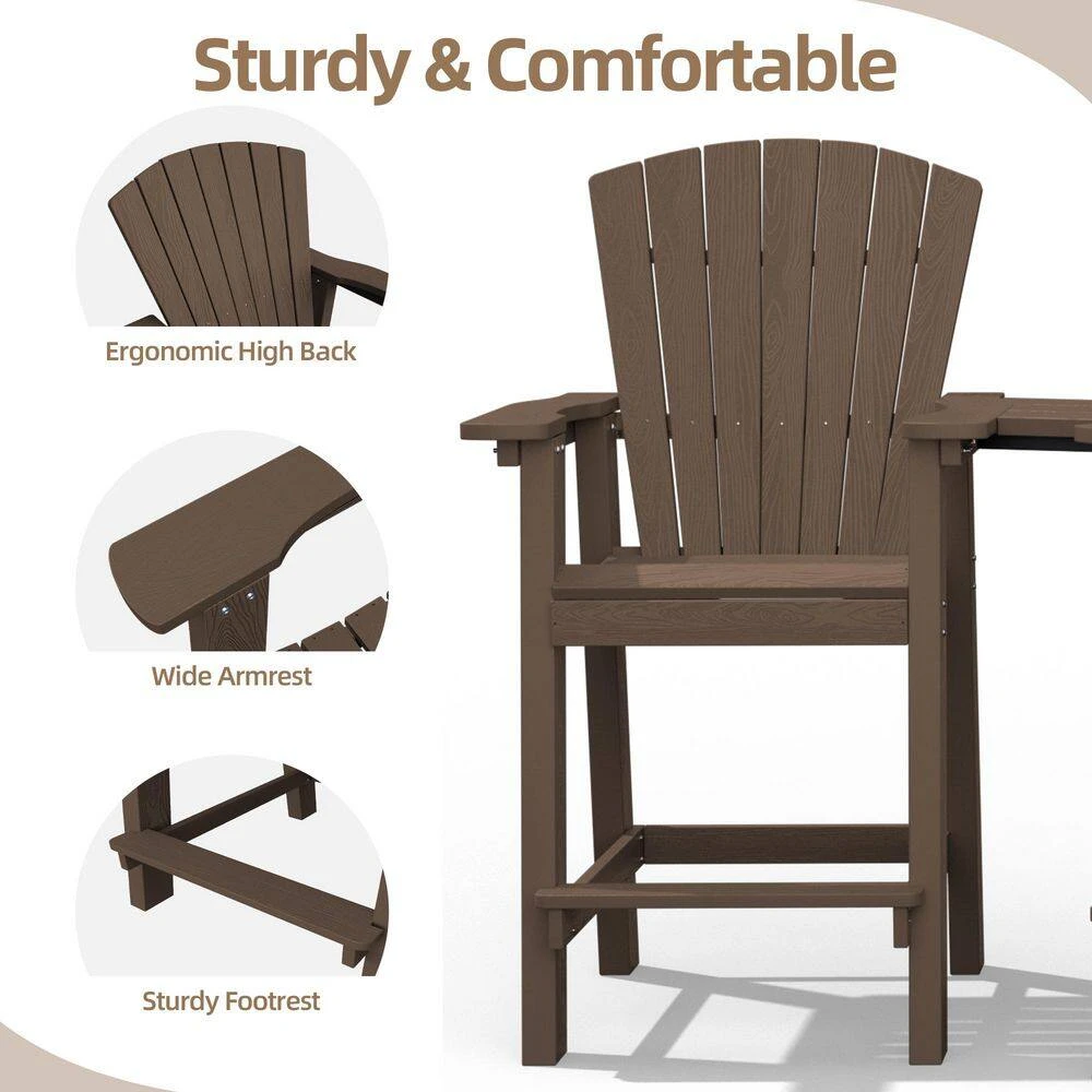 HDPE Plastic Tall Adirondack Chair (Set Of 2) Outdoor Barstools With Connecting Tray In Coffee Brown 6 HDPE Plastic Tall Adirondack Chair (Set Of 2) Outdoor Barstools With Connecting Tray In Coffee Brown - Image 6