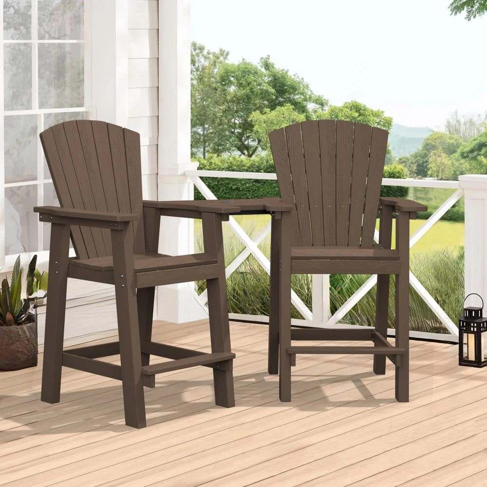 HDPE Plastic Tall Adirondack Chair (Set Of 2) Outdoor Barstools With Connecting Tray In Coffee Brown 1 HDPE Plastic Tall Adirondack Chair (Set Of 2) Outdoor Barstools With Connecting Tray In Coffee Brown