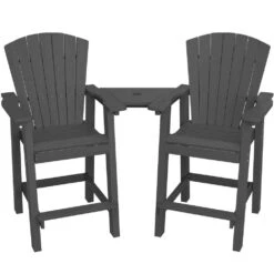 HDPE Plastic Tall Adirondack Chair (Set Of 2) Outdoor Barstools With Connecting Tray In Gray