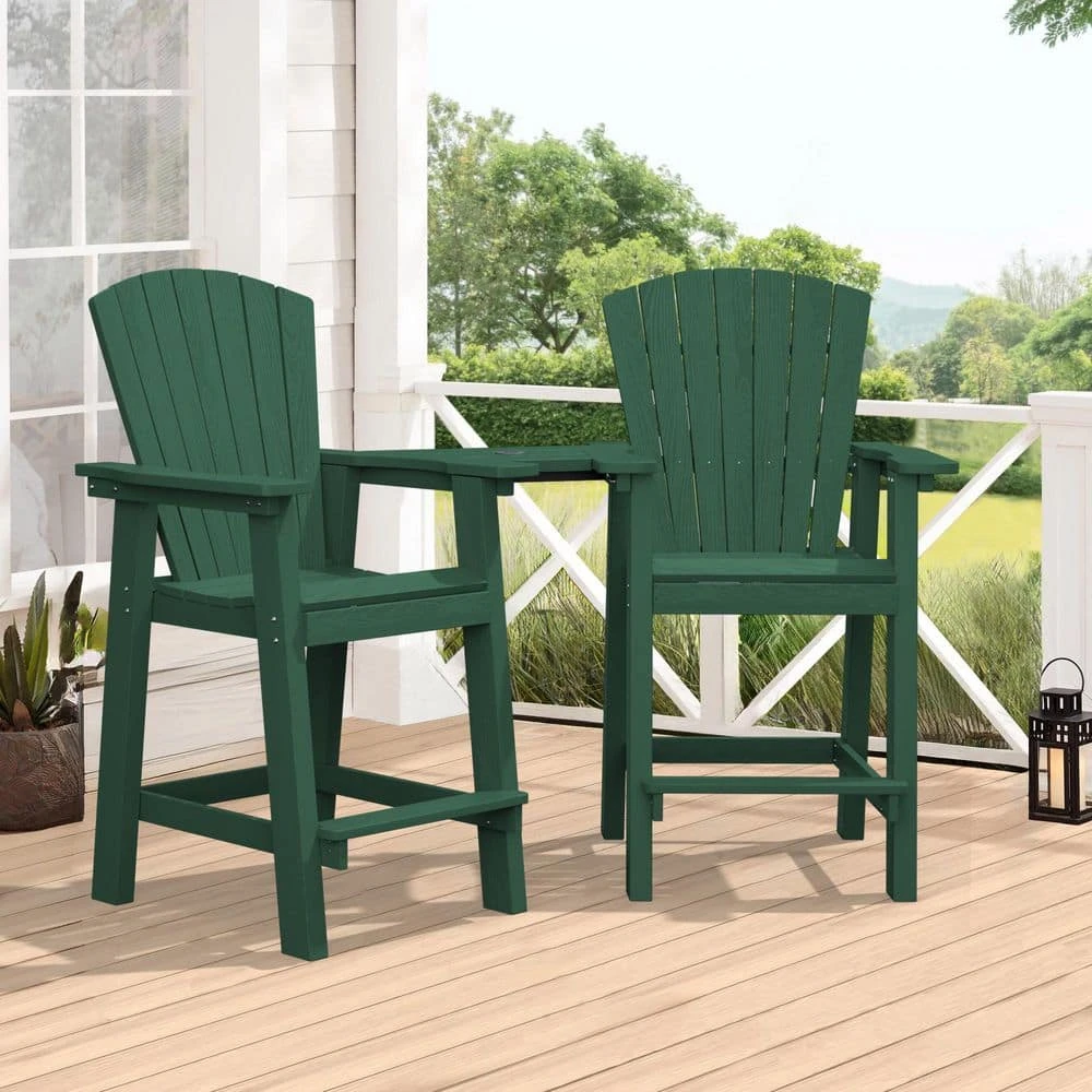 HDPE Plastic Tall Adirondack Chair (Set Of 2) Outdoor Barstools With Connecting Tray In Green 1 HDPE Plastic Tall Adirondack Chair (Set Of 2) Outdoor Barstools With Connecting Tray In Green