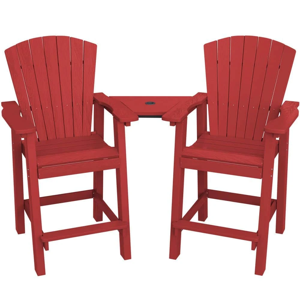 HDPE Plastic Tall Adirondack Chair (Set Of 2) Outdoor Barstools With Connecting Tray In Red 2 HDPE Plastic Tall Adirondack Chair (Set Of 2) Outdoor Barstools With Connecting Tray In Red - Image 2