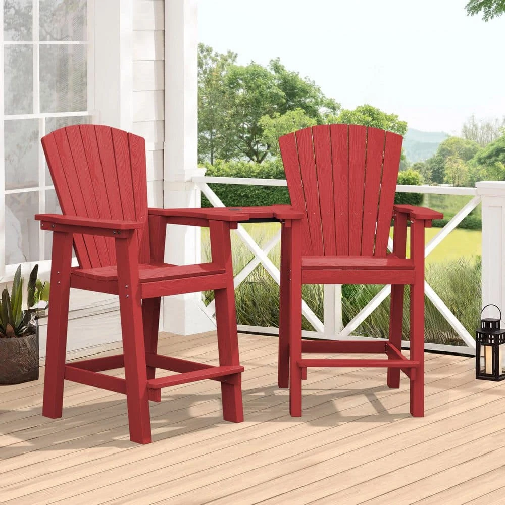 HDPE Plastic Tall Adirondack Chair (Set Of 2) Outdoor Barstools With Connecting Tray In Red 1 HDPE Plastic Tall Adirondack Chair (Set Of 2) Outdoor Barstools With Connecting Tray In Red