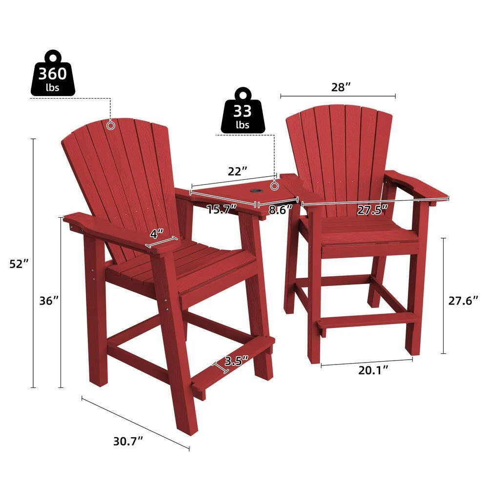 HDPE Plastic Tall Adirondack Chair (Set Of 2) Outdoor Barstools With Connecting Tray In Red 3 HDPE Plastic Tall Adirondack Chair (Set Of 2) Outdoor Barstools With Connecting Tray In Red - Image 3