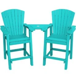 HDPE Plastic Tall Adirondack Chair (Set Of 2) Outdoor Barstools With Connecting Tray In Tiffany Blue