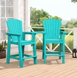 HDPE Plastic Tall Adirondack Chair (Set Of 2) Outdoor Barstools With Connecting Tray In Tiffany Blue -More Furniture Store plastic adirondack chairs pe srgjy tf fa 1000