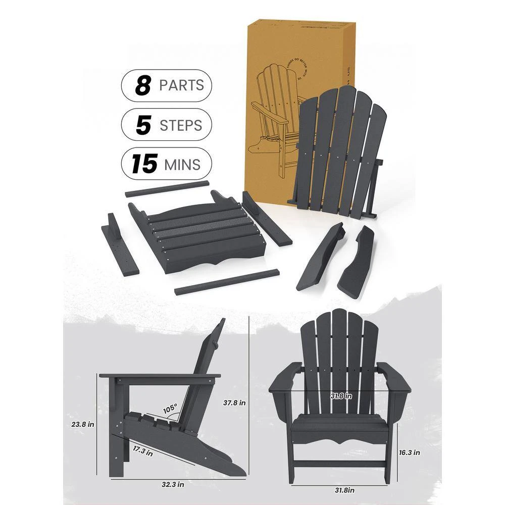 Classic All-Weather HDPE Plastic Adirondack Chair In Gray 5 Classic All-Weather HDPE Plastic Adirondack Chair In Gray - Image 5