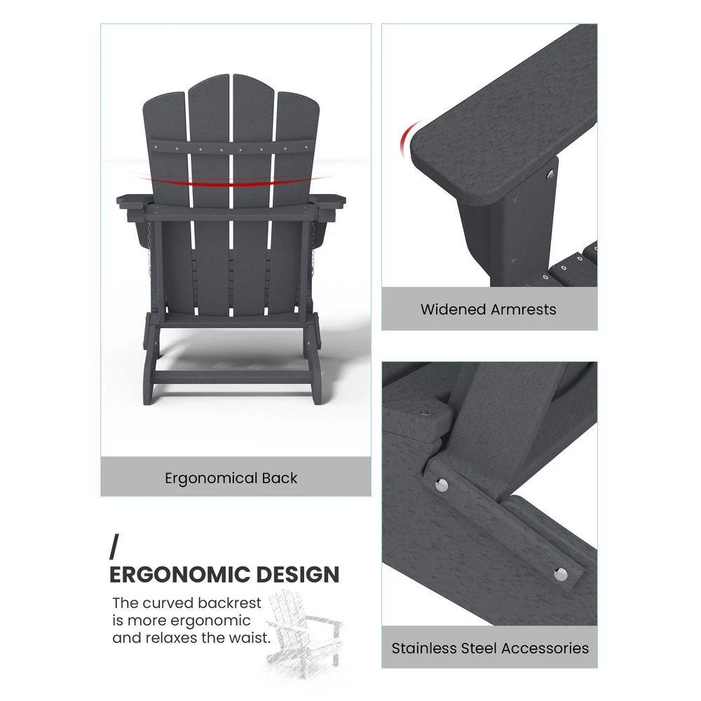 Classic Folding HDPE Plastic Adirondack Chair In Gray 3 Classic Folding HDPE Plastic Adirondack Chair In Gray - Image 3