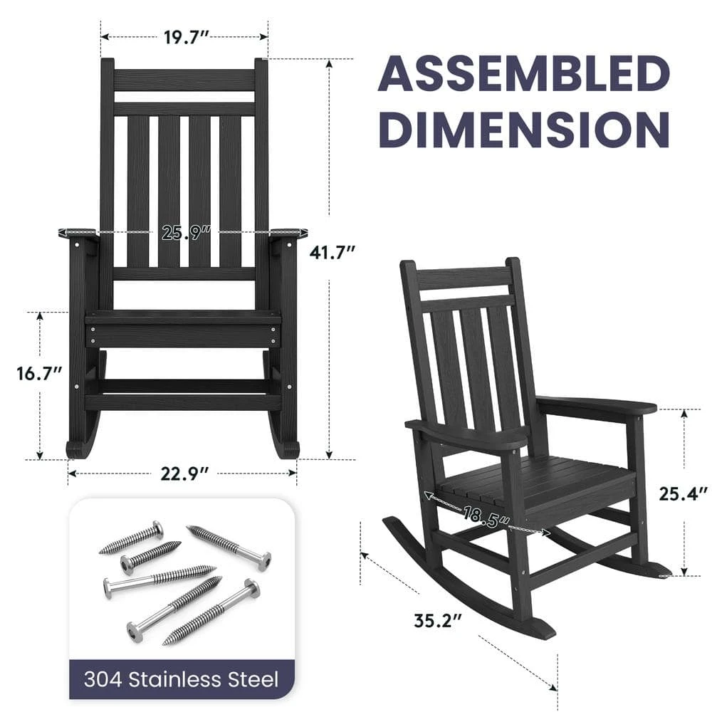Oversized HDPE Resin Outdoor Patio Rocking Plastic Adirondack Chair In Black 4 Oversized HDPE Resin Outdoor Patio Rocking Plastic Adirondack Chair In Black - Image 4