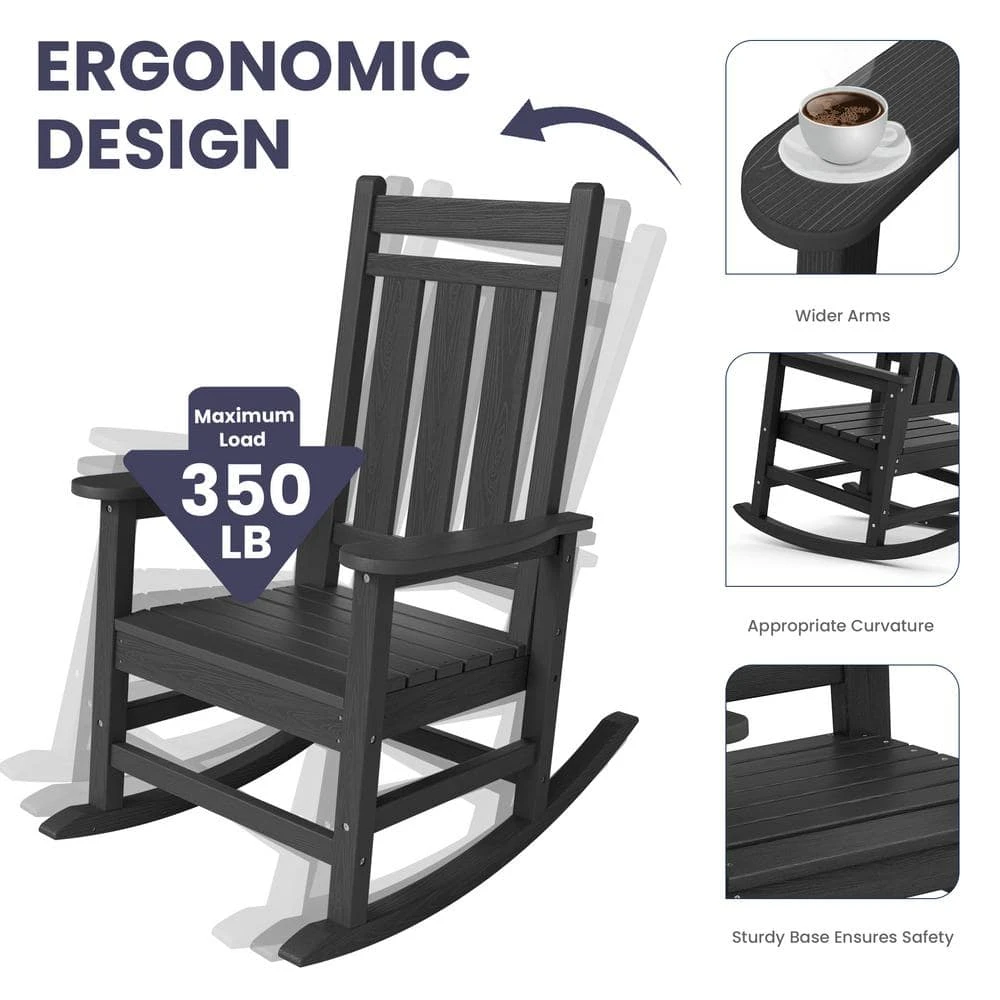 Oversized HDPE Resin Outdoor Patio Rocking Plastic Adirondack Chair In Black 2 Oversized HDPE Resin Outdoor Patio Rocking Plastic Adirondack Chair In Black - Image 2