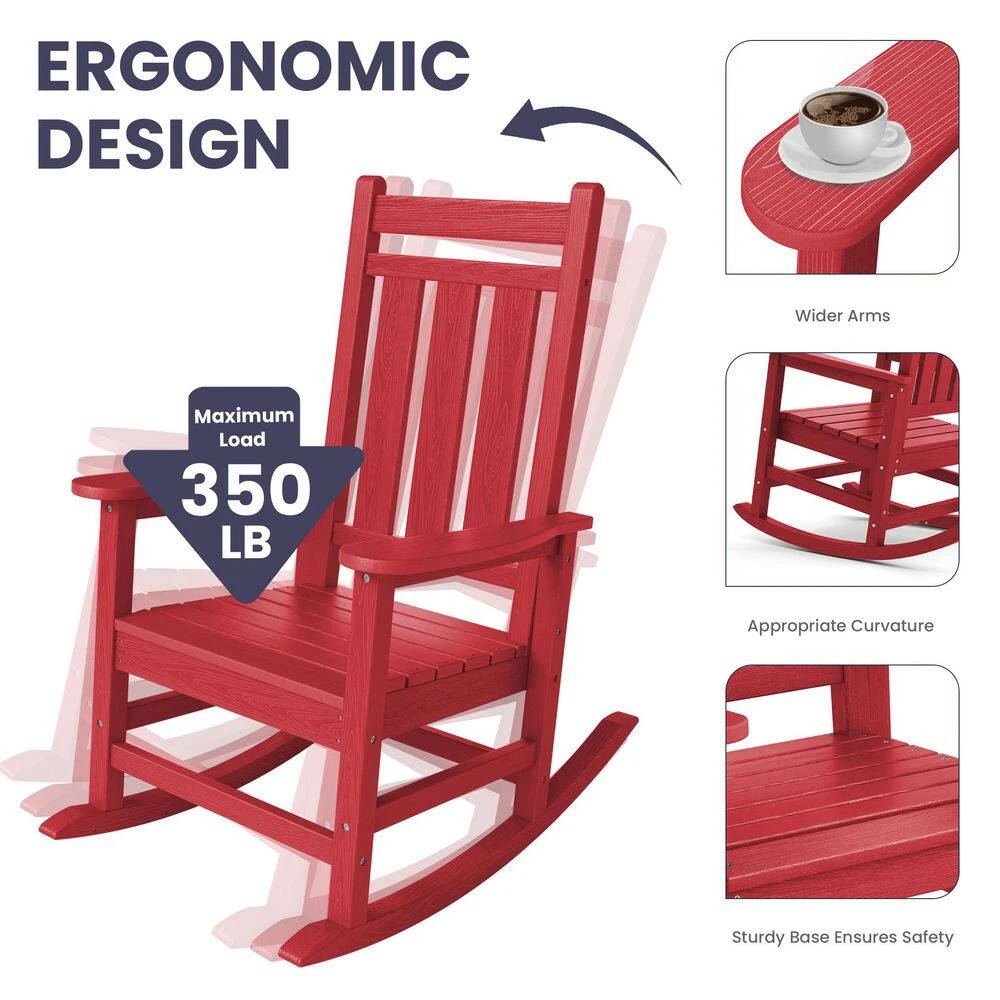 Oversized HDPE Resin Outdoor Patio Rocking Plastic Adirondack Chair In Bright Red (1-Pack) 2 Oversized HDPE Resin Outdoor Patio Rocking Plastic Adirondack Chair In Bright Red (1-Pack) - Image 2