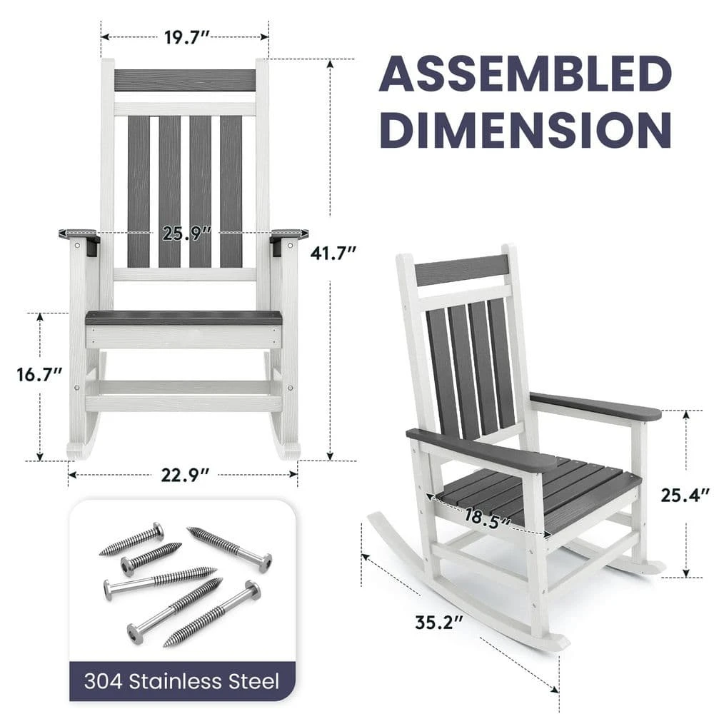 Oversized HDPE Resin Outdoor Patio Rocking Plastic Adirondack Chair In Gray And White (1-Pack) 4 Oversized HDPE Resin Outdoor Patio Rocking Plastic Adirondack Chair In Gray And White (1-Pack) - Image 4