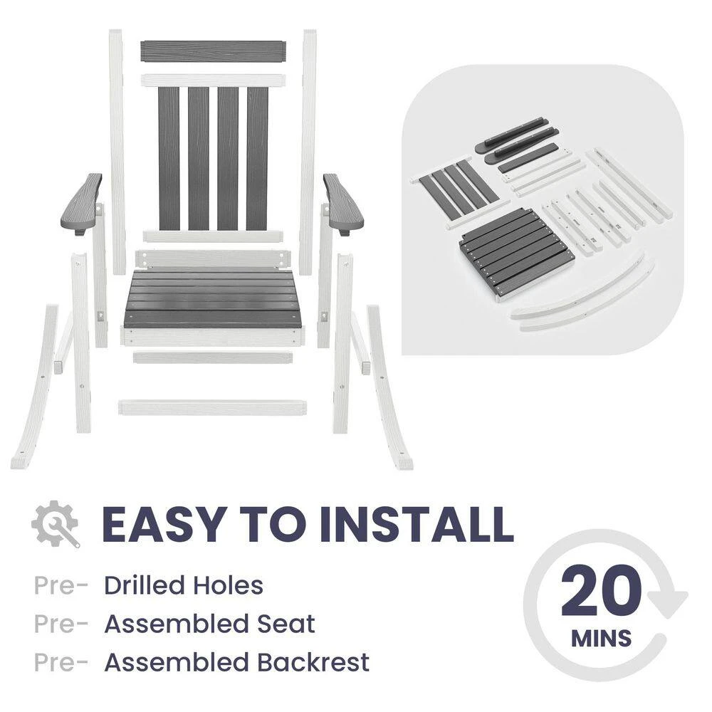 Oversized HDPE Resin Outdoor Patio Rocking Plastic Adirondack Chair In Gray And White (1-Pack) 3 Oversized HDPE Resin Outdoor Patio Rocking Plastic Adirondack Chair In Gray And White (1-Pack) - Image 3