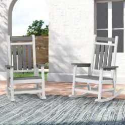 Oversized HDPE Resin Outdoor Patio Rocking Plastic Adirondack Chair In Gray And White (1-Pack) -More Furniture Store plastic adirondack chairs pekd gwhite 76 1000