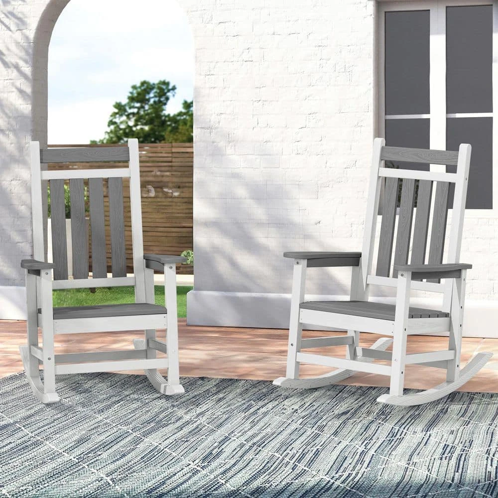 Oversized HDPE Resin Outdoor Patio Rocking Plastic Adirondack Chair In Gray And White (1-Pack) 7 Oversized HDPE Resin Outdoor Patio Rocking Plastic Adirondack Chair In Gray And White (1-Pack) - Image 7