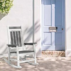 Oversized HDPE Resin Outdoor Patio Rocking Plastic Adirondack Chair In Gray And White (1-Pack) -More Furniture Store plastic adirondack chairs pekd gwhite fa 1000