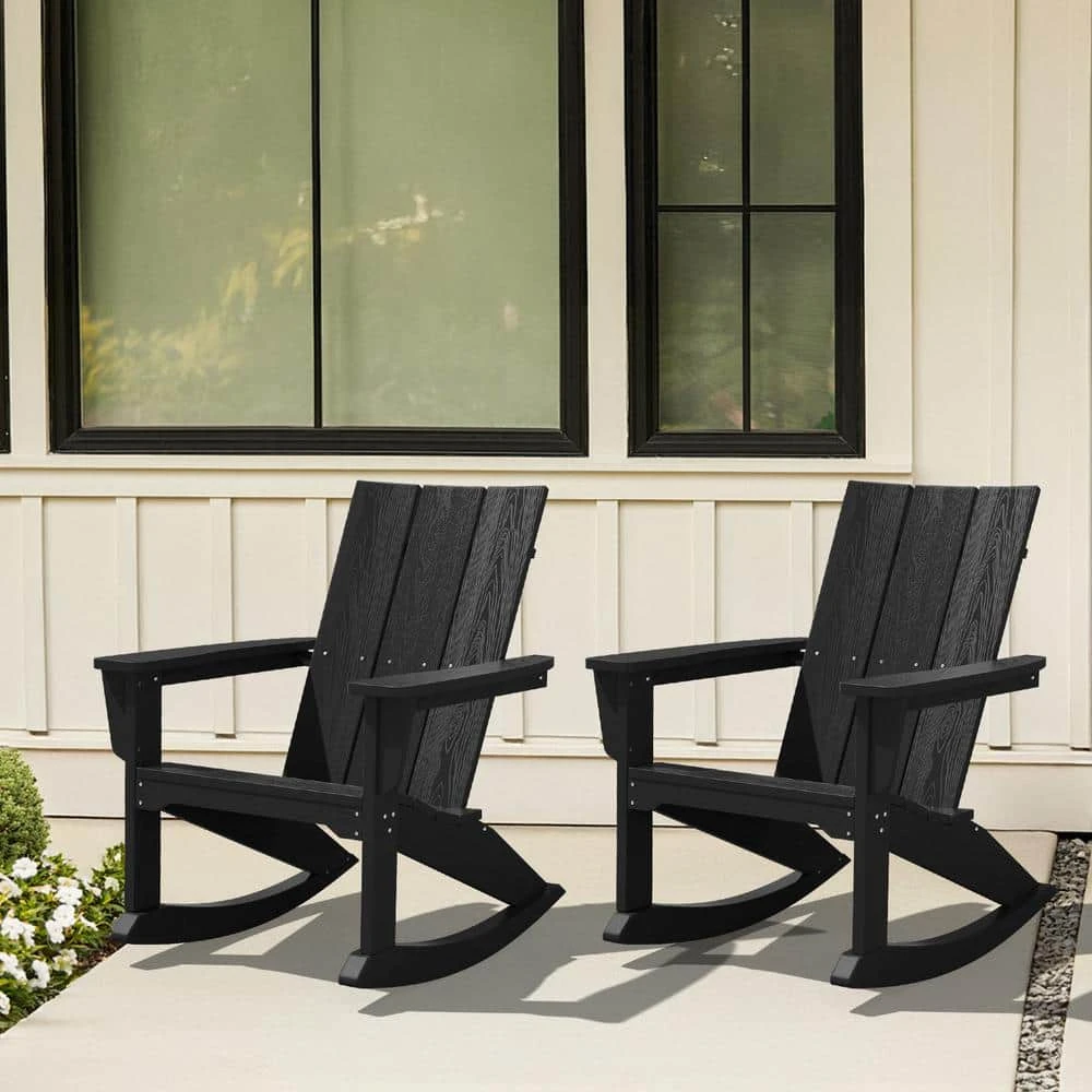 Modern Rocking Plastic Outdoor Adirondack Chair In Black 8 Modern Rocking Plastic Outdoor Adirondack Chair In Black - Image 8