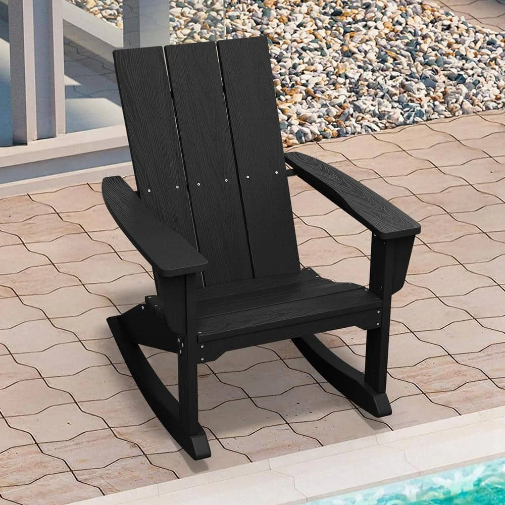 Modern Rocking Plastic Outdoor Adirondack Chair In Black 1 Modern Rocking Plastic Outdoor Adirondack Chair In Black
