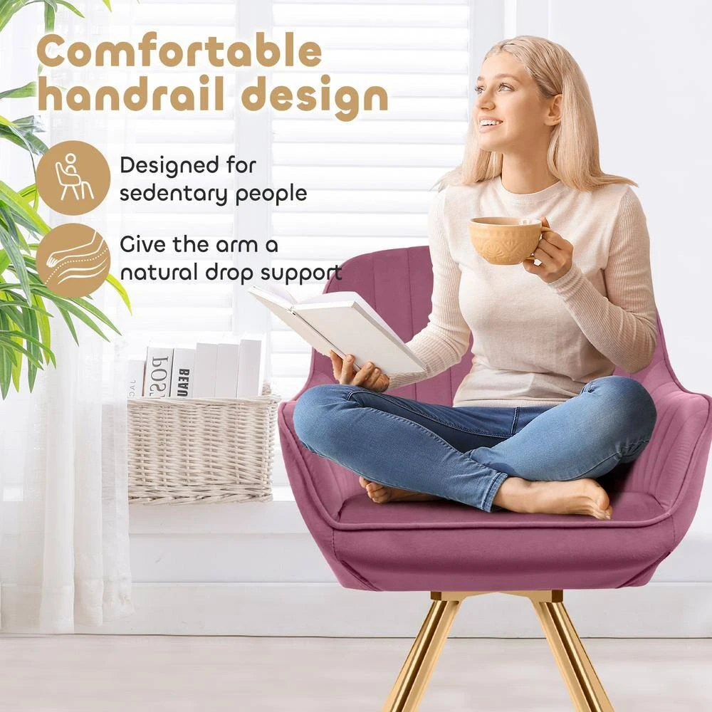 Modern Rose Purple Brushed Velvet Swivel Accent Armchair With Metal Legs For Living 8 Modern Rose Purple Brushed Velvet Swivel Accent Armchair With Metal Legs For Living - Image 8
