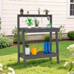 45.5 In. H X 34.8 In. W X 17.7 In. D Space Gray HDPE Potting Bench Table, Multi-Purpose Plant And Storage Shelf -More Furniture Store space gray jearey potting benches and tables jyyygzt tkh e1 1000