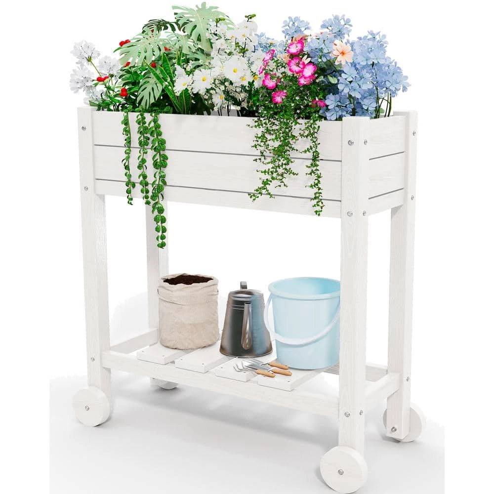 HDPE 28.3 In. X 10 In. X 9.5 In. Outdoor Plastic Raised Garden Bed In White 1 HDPE 28.3 In. X 10 In. X 9.5 In. Outdoor Plastic Raised Garden Bed In White