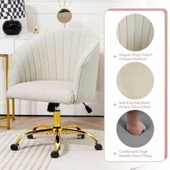 Modern White Velvet Height Adjustable Office Desk Chair With Upholstered Back For Home Office Bedroom Study -More Furniture Store white jearey accent chairs kwhf white 44 1000