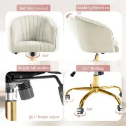 Modern White Velvet Height Adjustable Office Desk Chair With Upholstered Back For Home Office Bedroom Study -More Furniture Store white jearey accent chairs kwhf white 4f 1000