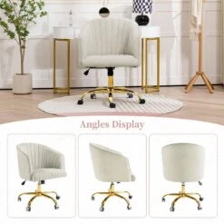 Modern White Velvet Height Adjustable Office Desk Chair With Upholstered Back For Home Office Bedroom Study -More Furniture Store white jearey accent chairs kwhf white c3 1000