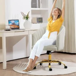 Modern White Velvet Height Adjustable Office Desk Chair With Upholstered Back For Home Office Bedroom Study -More Furniture Store white jearey accent chairs kwhf white fa 1000