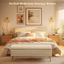 Velvet White Storage Ottoman Entryway Bench With Gold Base And Diamond Tufted Design For Living Room 15 Velvet White Storage Ottoman Entryway Bench With Gold Base And Diamond Tufted Design For Living Room -More Furniture Store white jearey bedroom benches ykcw white 31 1000