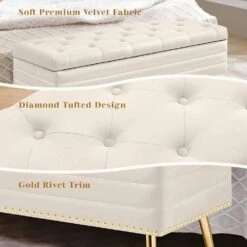 Velvet White Storage Ottoman Entryway Bench With Gold Base And Diamond Tufted Design For Living Room 11 Velvet White Storage Ottoman Entryway Bench With Gold Base And Diamond Tufted Design For Living Room -More Furniture Store white jearey bedroom benches ykcw white 4f 1000