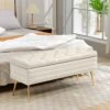 Velvet White Storage Ottoman Entryway Bench With Gold Base And Diamond Tufted Design For Living Room