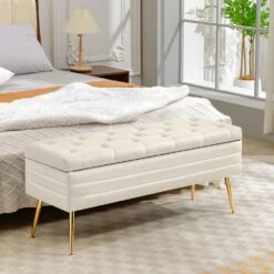 Velvet White Storage Ottoman Entryway Bench With Gold Base And Diamond Tufted Design For Living Room